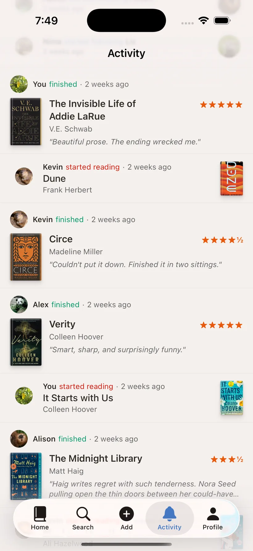 The Catalogued activity feed of friends' recent books, reviews, and ratings